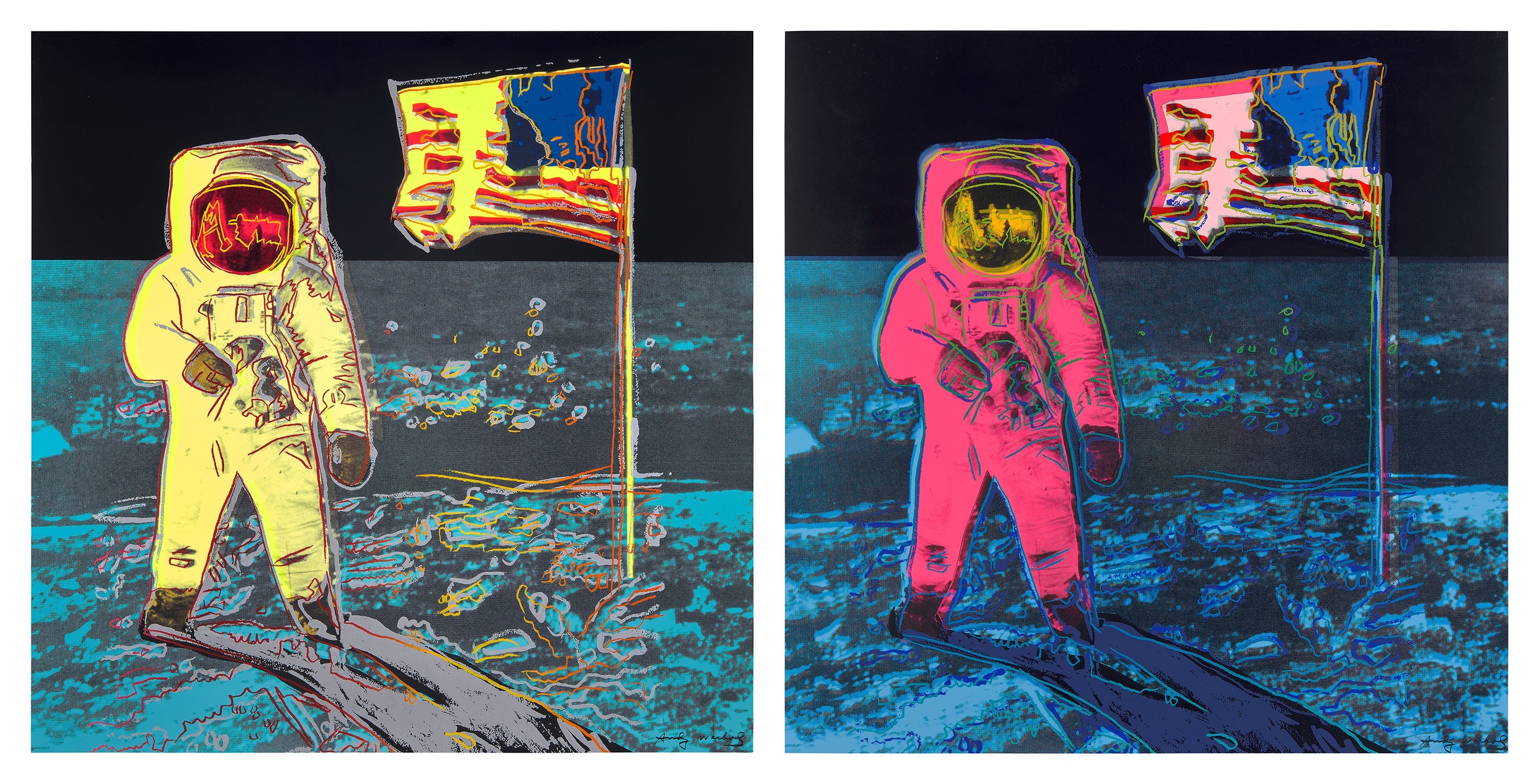 Andy Warhol, Moonwalk (F.&S. II.404 and II.405), 1987, Screenprint on Lenox Museum Board. Available at Guy Hepner, New York.