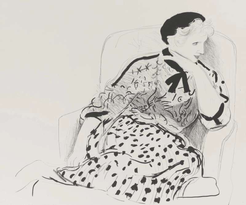 David Hockney, Celia Seated in Patterned Dress, Ink Drawing. Available at Guy Hepner, New York.