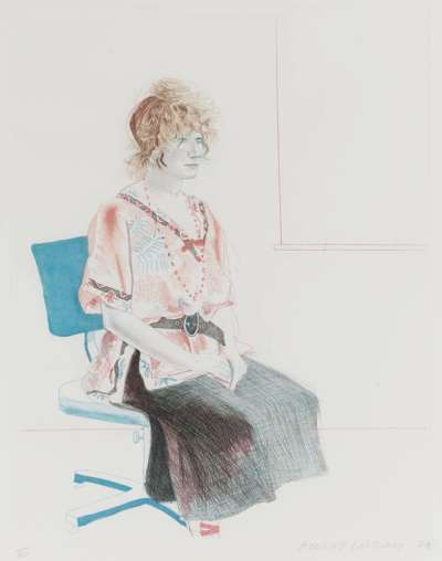 David Hockney, Celia Seated Portrait, Colored Pencil and Ink. Available at Guy Hepner, New York.