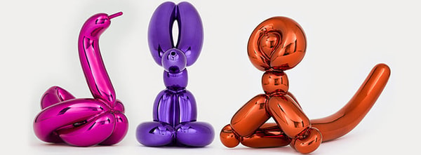 Jeff Koons, Balloon Swan (Magenta), Balloon Rabbit (Violet) and Balloon Monkey (Orange). Available at Guy Hepner, New York.