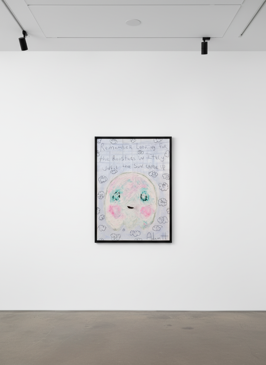 Adam Handler - Italian Rooster Ghost, 2021, Oil stick and pencil on heavy weight paper
Framed in a white 1 in. frame, ¾ in...