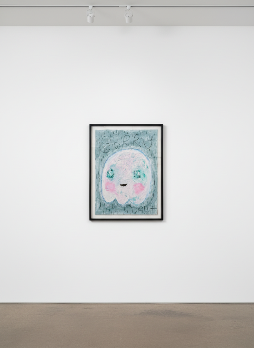 Adam Handler - Sorry Ghost With Vertical Rain, 2021, Oil stick and pencil on heavy weight paper
Framed in a white 1 in. fr...