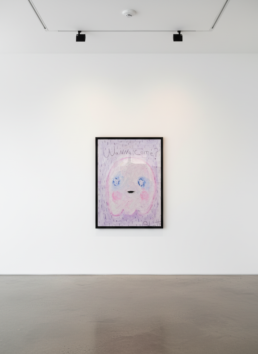 Adam Handler - Wanna Come Ghost, 2021, Oil stick and pencil on heavy weight paper
Framed in a white 1 in. frame, ¾ in floa...