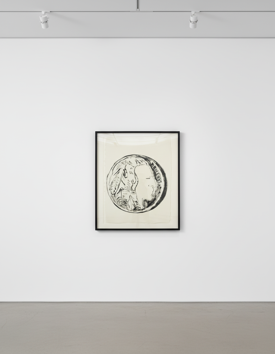 Andy Warhol - Indian Head Nickel, 1986, Synthetic paint on HMP paper
Unique
Stamped by artist's estate, stamped and number...