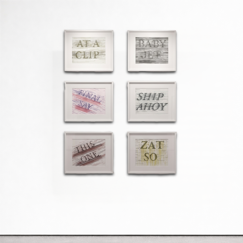 Ed Ruscha - This One, Zat So, Baby Jet, Ship Ahoy, At A Clip, and Final Say (six prints), 2023, Hard ground etchings