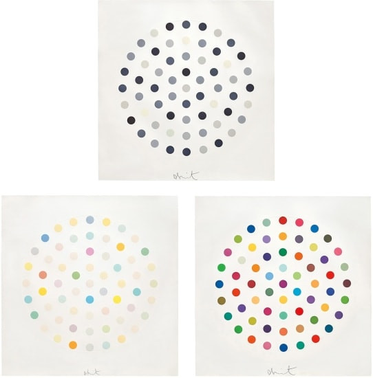 Damien Hirst, Cinchonidine / Ciclopirox Olamine / Cineole, 2004. Set of three etchings, Edition of 145. Available at Guy Hepner, New York.