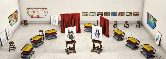 Seven  Trollies, Six and a Half Stools, Six Portraits, Eleven Paintings, and Two Curtains