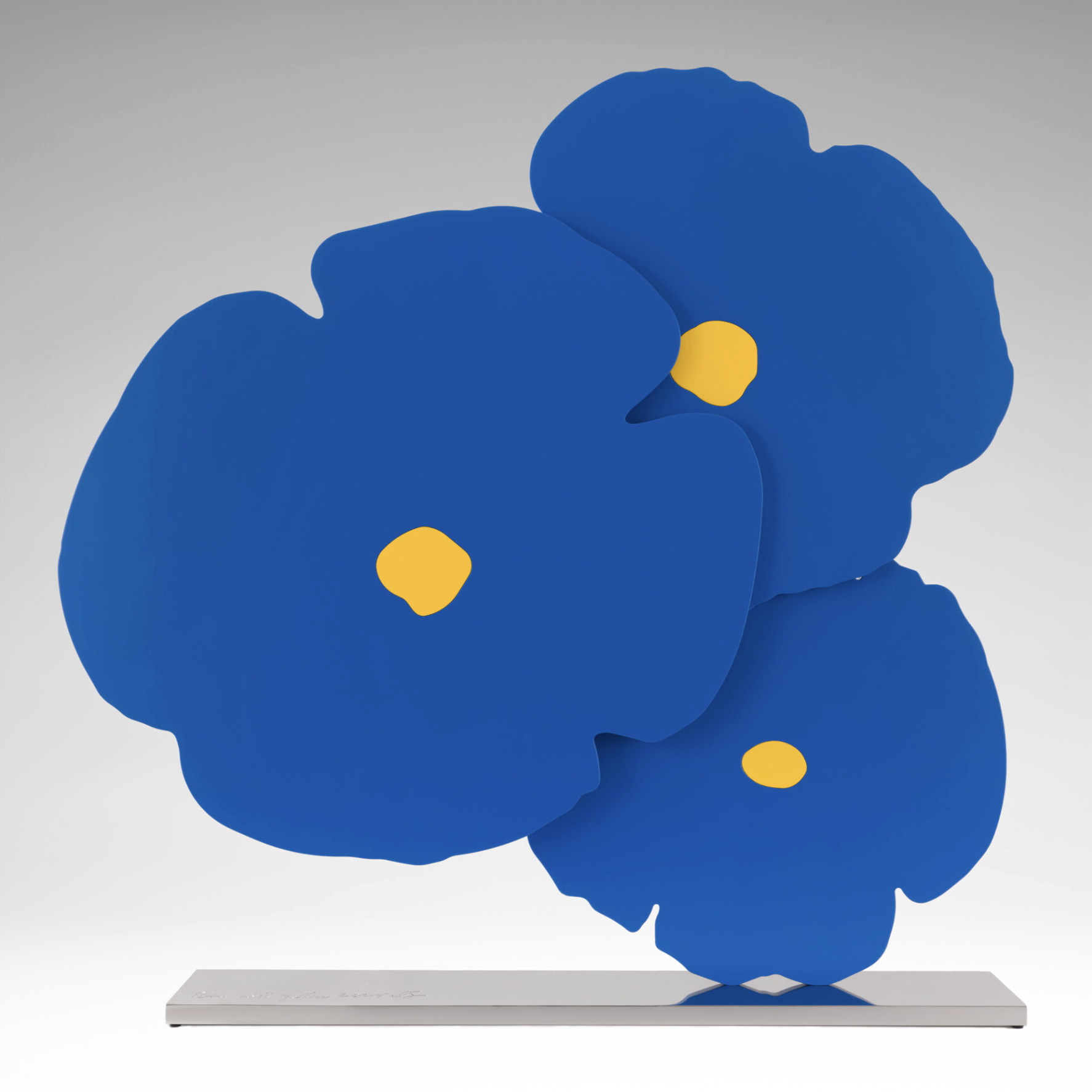 Donald Sultan - Blue with Yellow, 2024, 2024, Painted aluminum and stainless steel centers, mounted on polished stainless ...