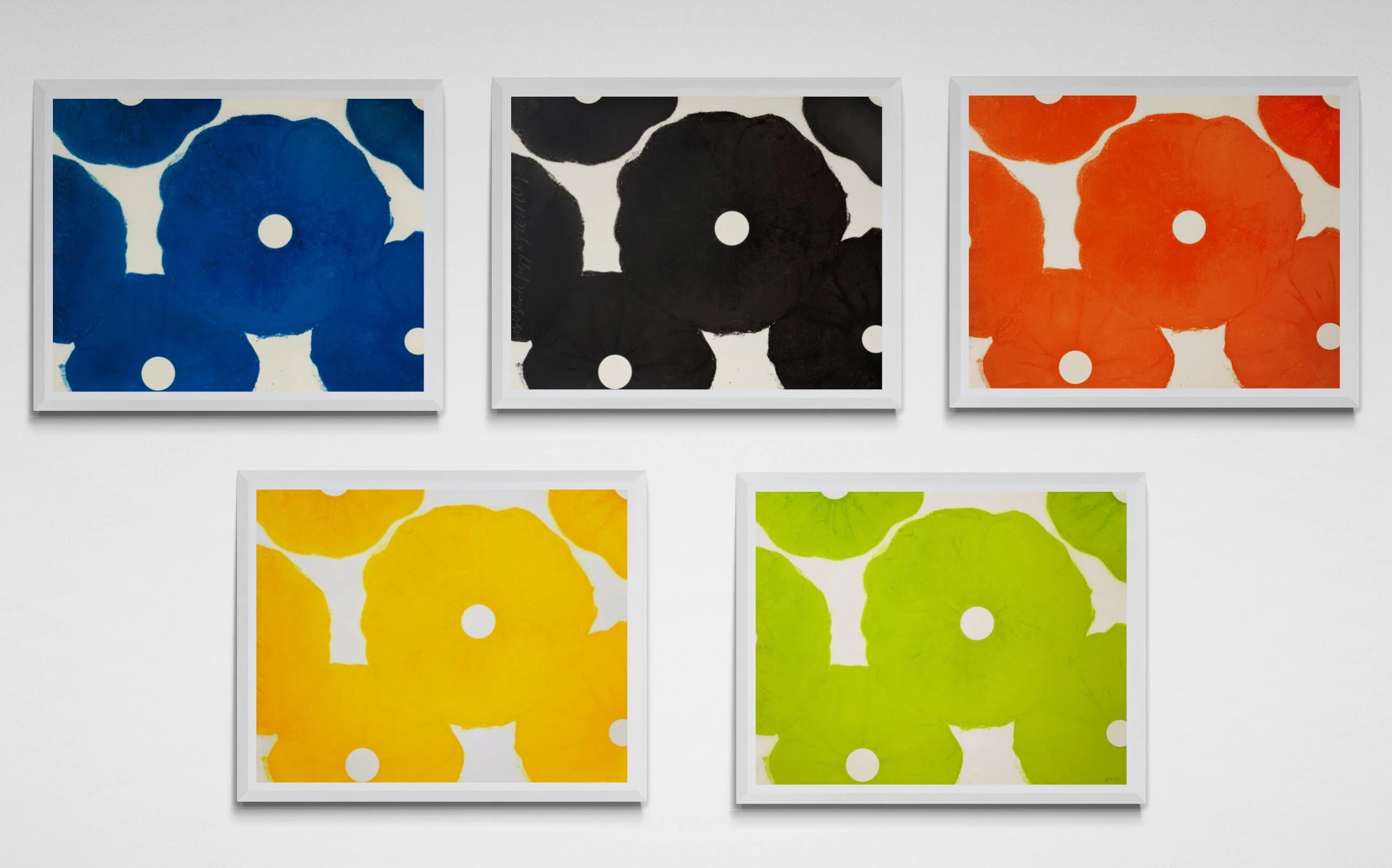 Donald Sultan - Five Poppies, 2023, Color silkscreen with enamel inks, flocking, and over printed flocking on Somerset 500...