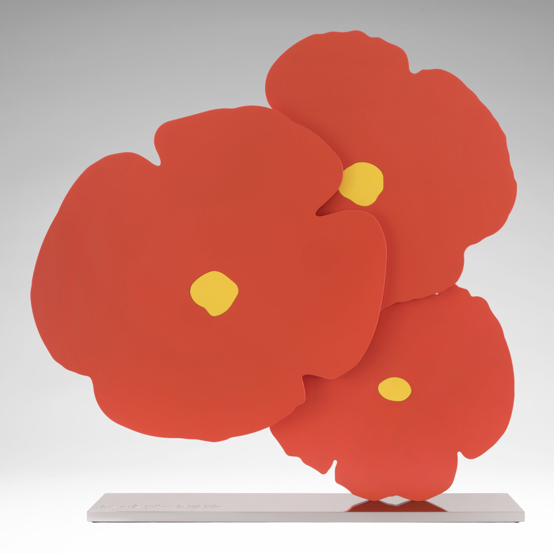 Donald Sultan - Red with Yellow, 2024, 2024, Painted aluminum and stainless steel centers, mounted on polished stainless s...