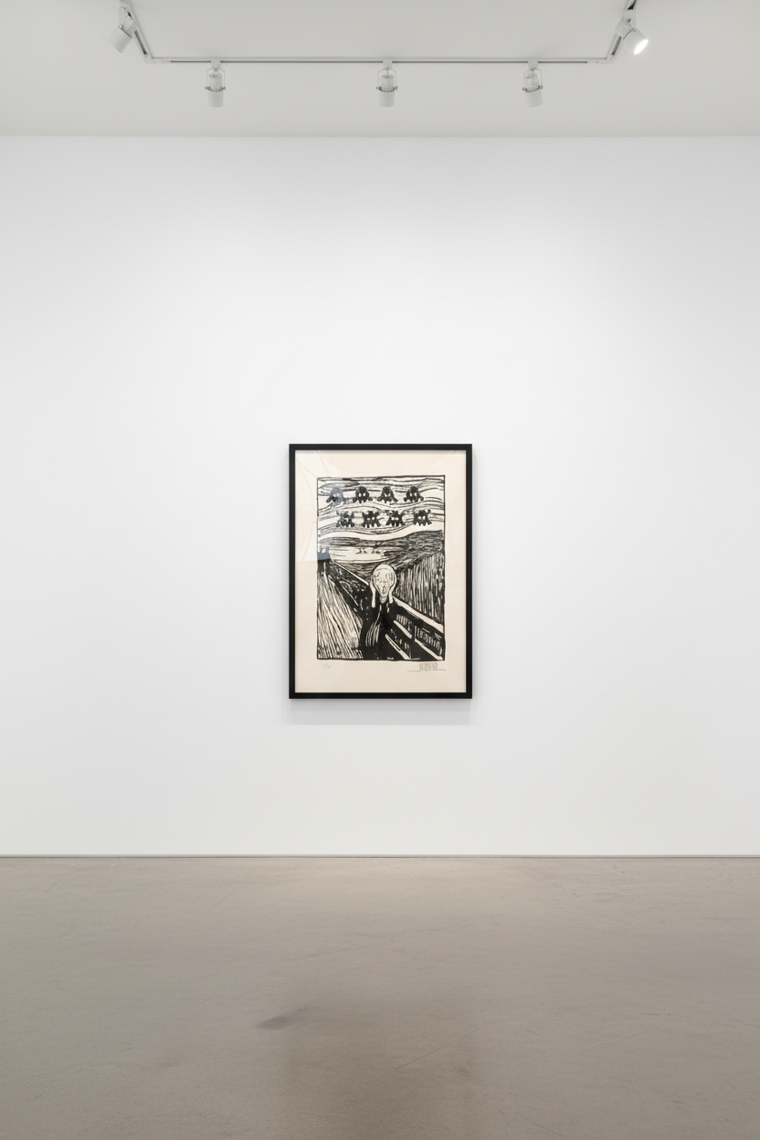 Invader - Invaded Scream, 2011, Woodcut on paper
Signed and numbered on recto