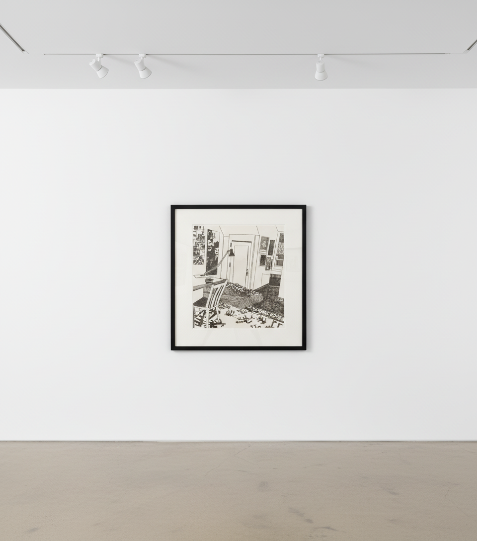 Jonas Wood Alexis's Room interior print showing flattened domestic space with artworks on the wall