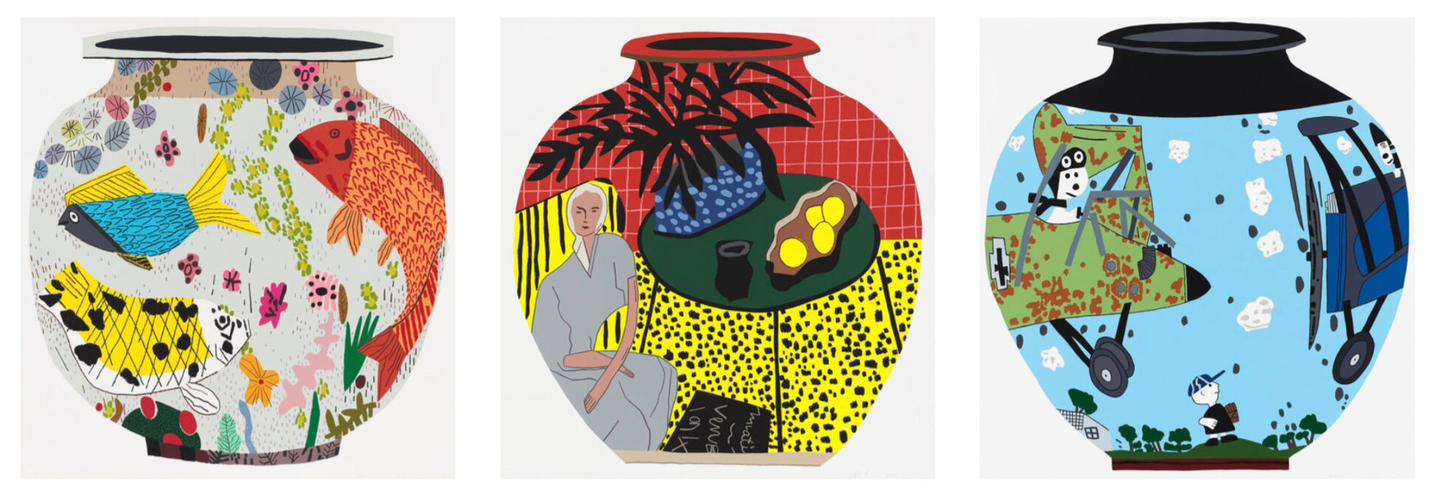 Jonas Wood — Fish Pot; Matisse Pot 4; Snoopy Pot