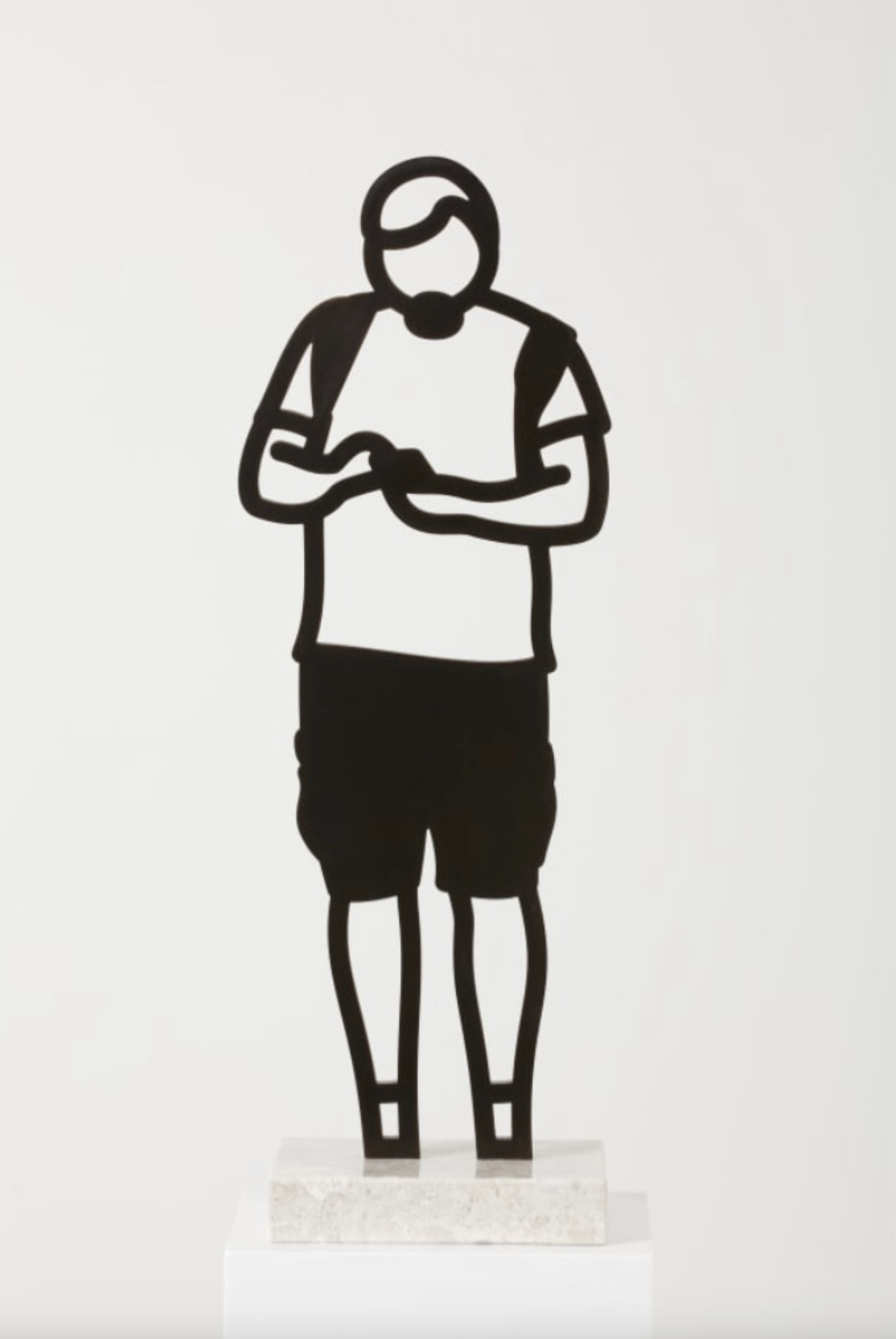 Julian Opie - Boston Statuettes: Cargo Shorts, 2020, Freestanding patinated black bronze figure on Crema Grey light stone ...