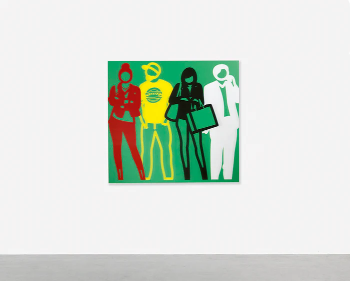 Julian Opie - Standing People (Red, Yellow, Black, White), 2019, Lenticular acrylic panels mounted onto white acrylic