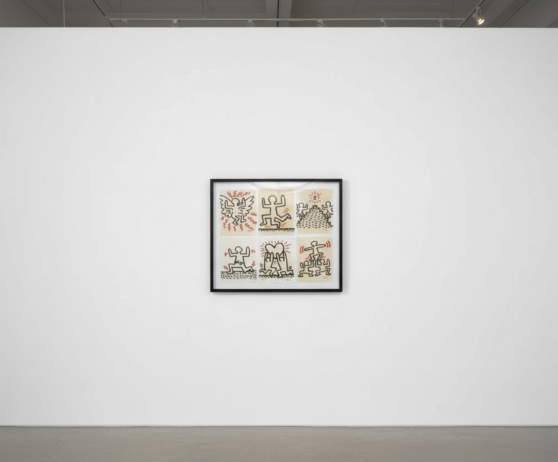 Keith Haring - Bayer Suite, 1982, Complete matching set of six screenprint son thin transfer paper