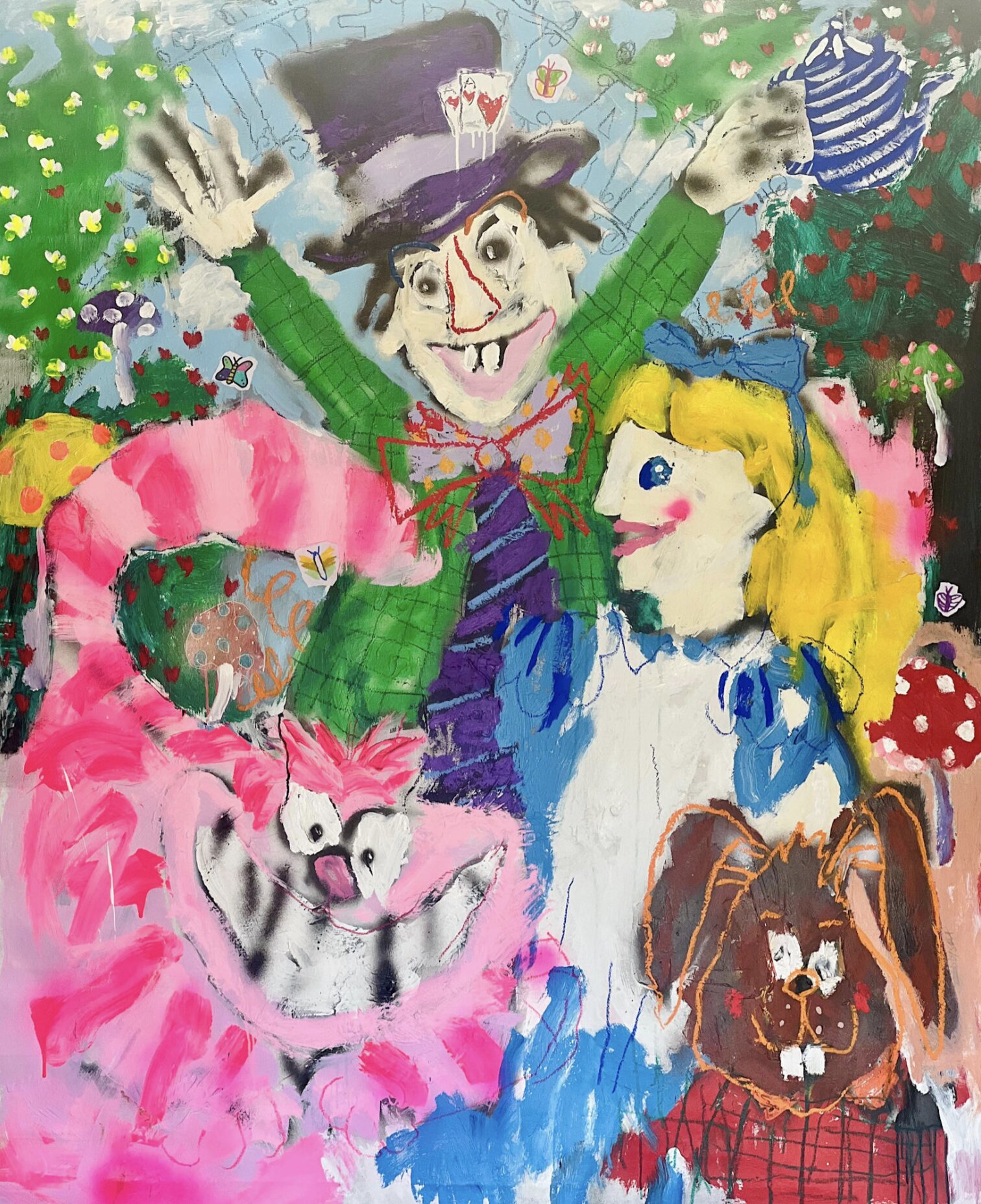 Nathan Paddison - Alice In Vunderland, 2026, Oil stick matte vinyl acrylic spray paint charcoal and pencil on canvas