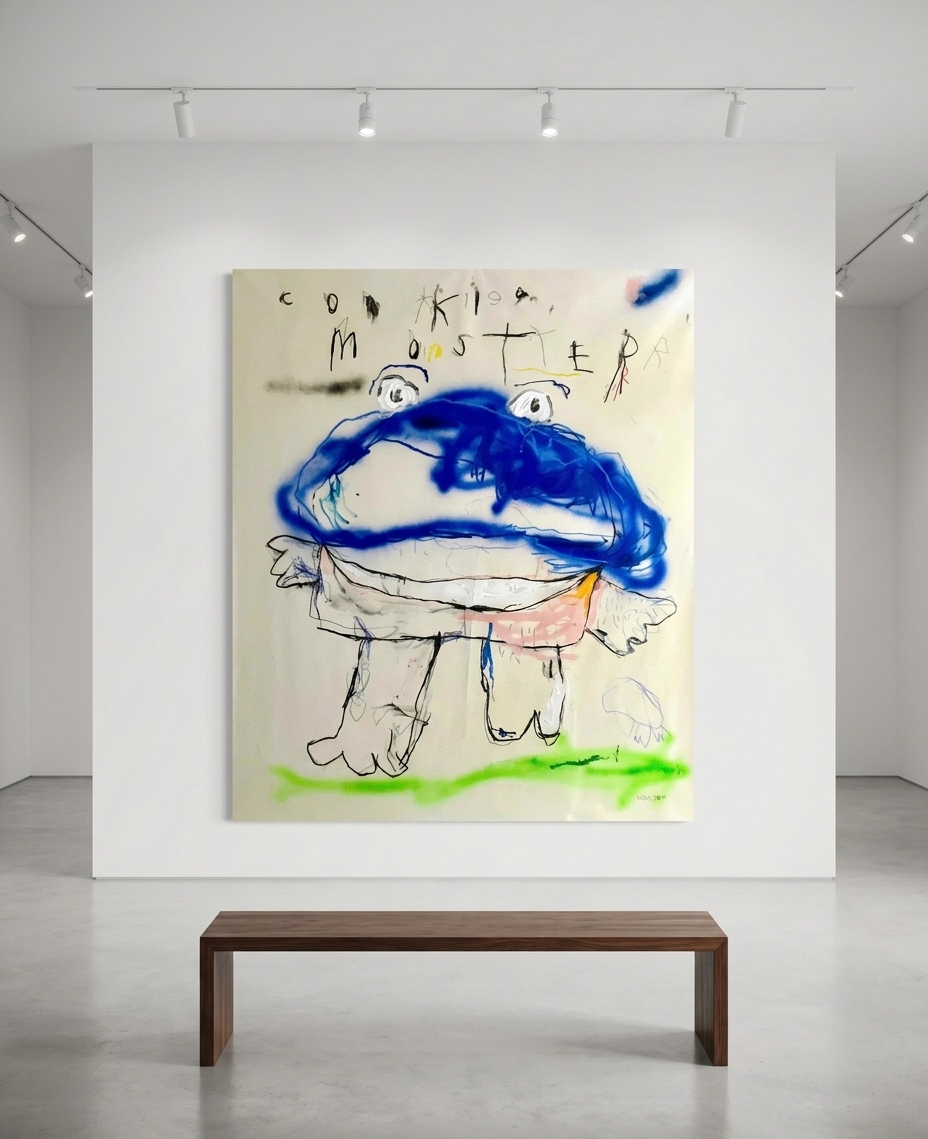 Nathan Paddison - Cookie Moster, 2026, Oil stick matte vinyl acrylic spray paint charcoal and pencil on canvas