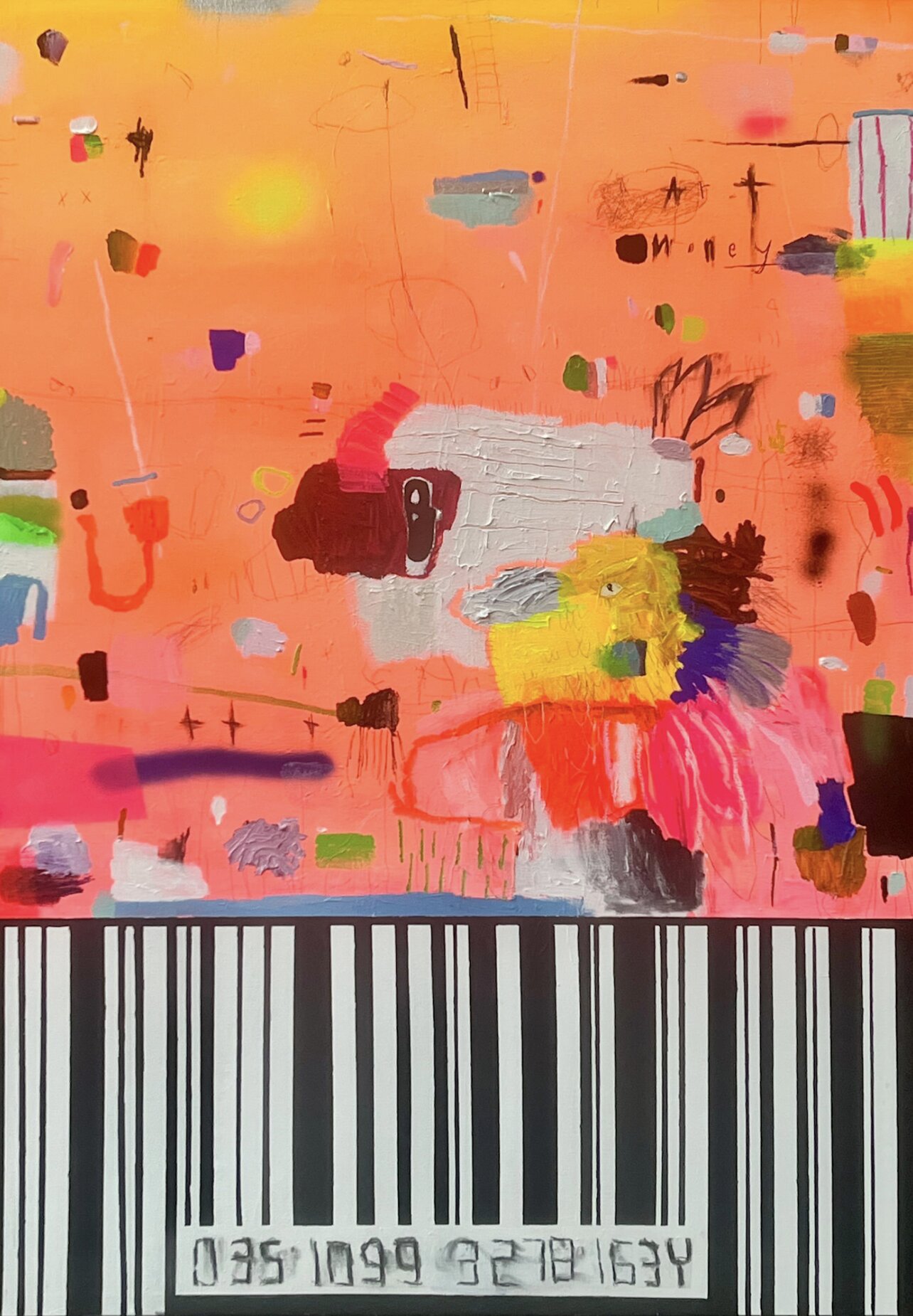 Nathan Paddison - I Got Receipts, 2026, Oil stick spray paint acrylic, charcoal, pencil marker and oil pastel on canvas