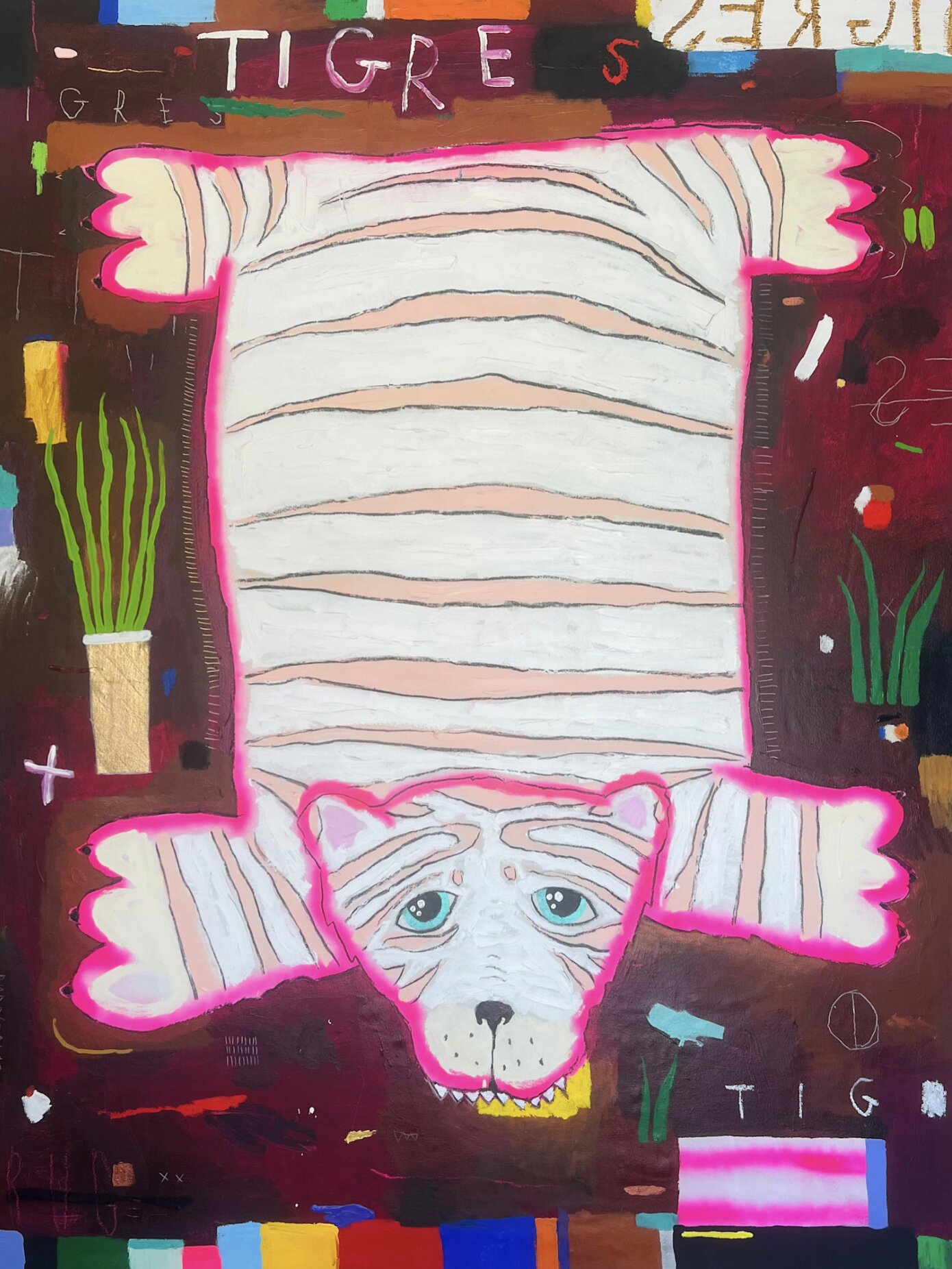 Nathan Paddison - TIGRE RUG (peach), 2026, Oil stick matte vinyl acrylic spray paint charcoal and pencil on canvas