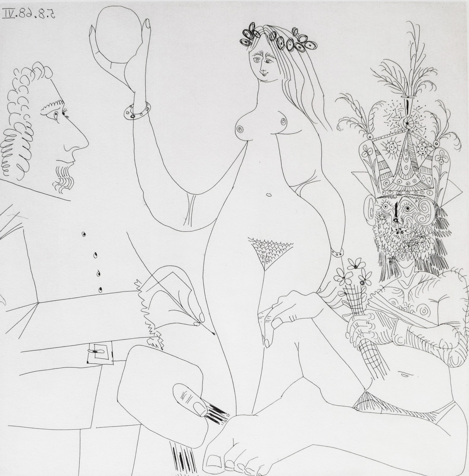 Painter in front of one of Raphael's Three Graces, and a Woodsman in a Party Hat