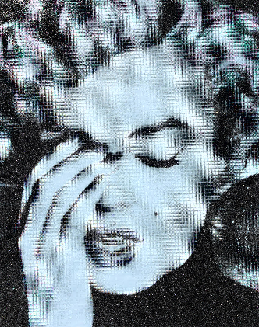 Russell Young - Marilyn Crying Siren Blue, 2019, Acrylic paint, enamel and diamond dust screen print on linen in Blue