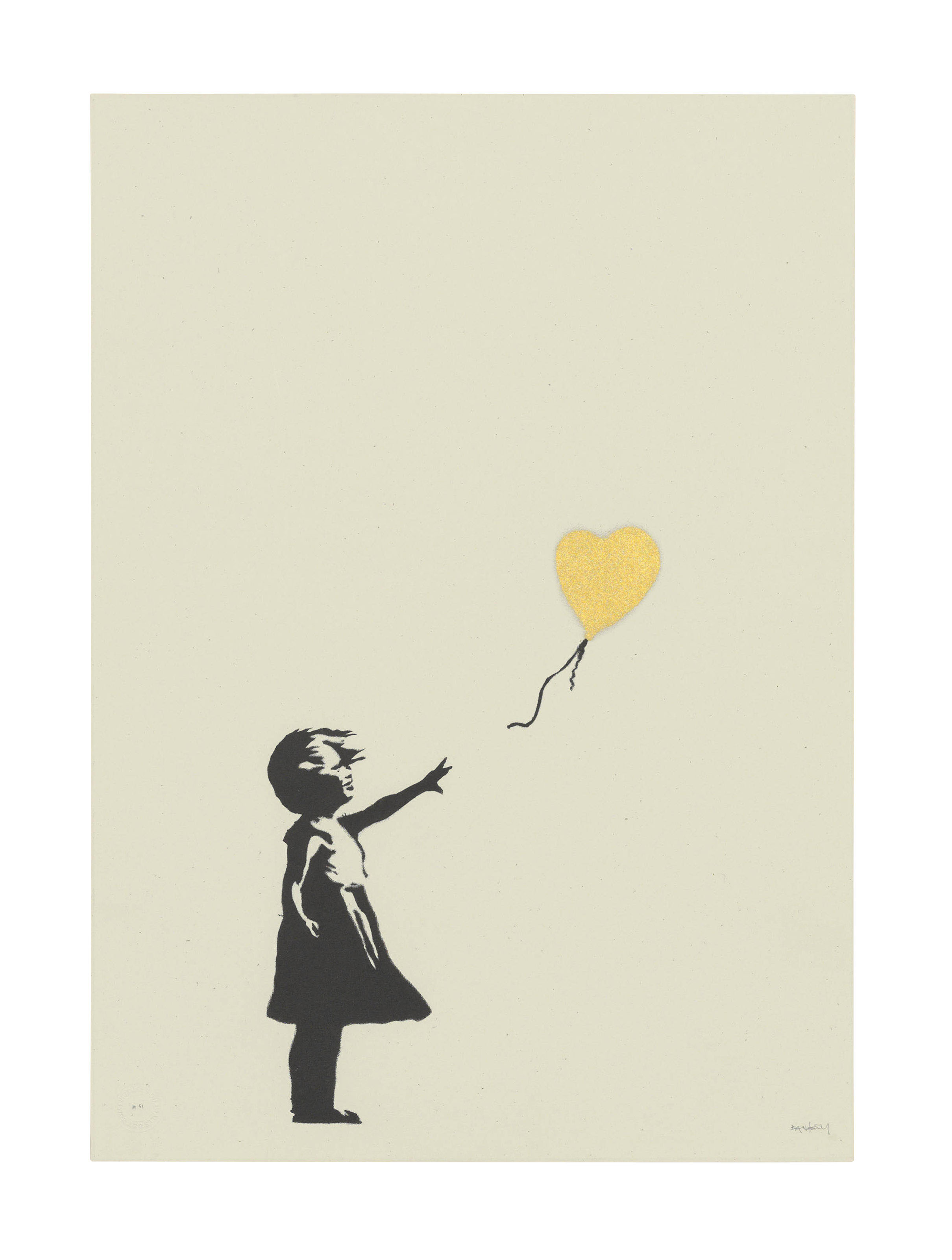 Banksy, Girl with Balloon — Colour AP (Gold), 2004. Image courtesy Christie's.