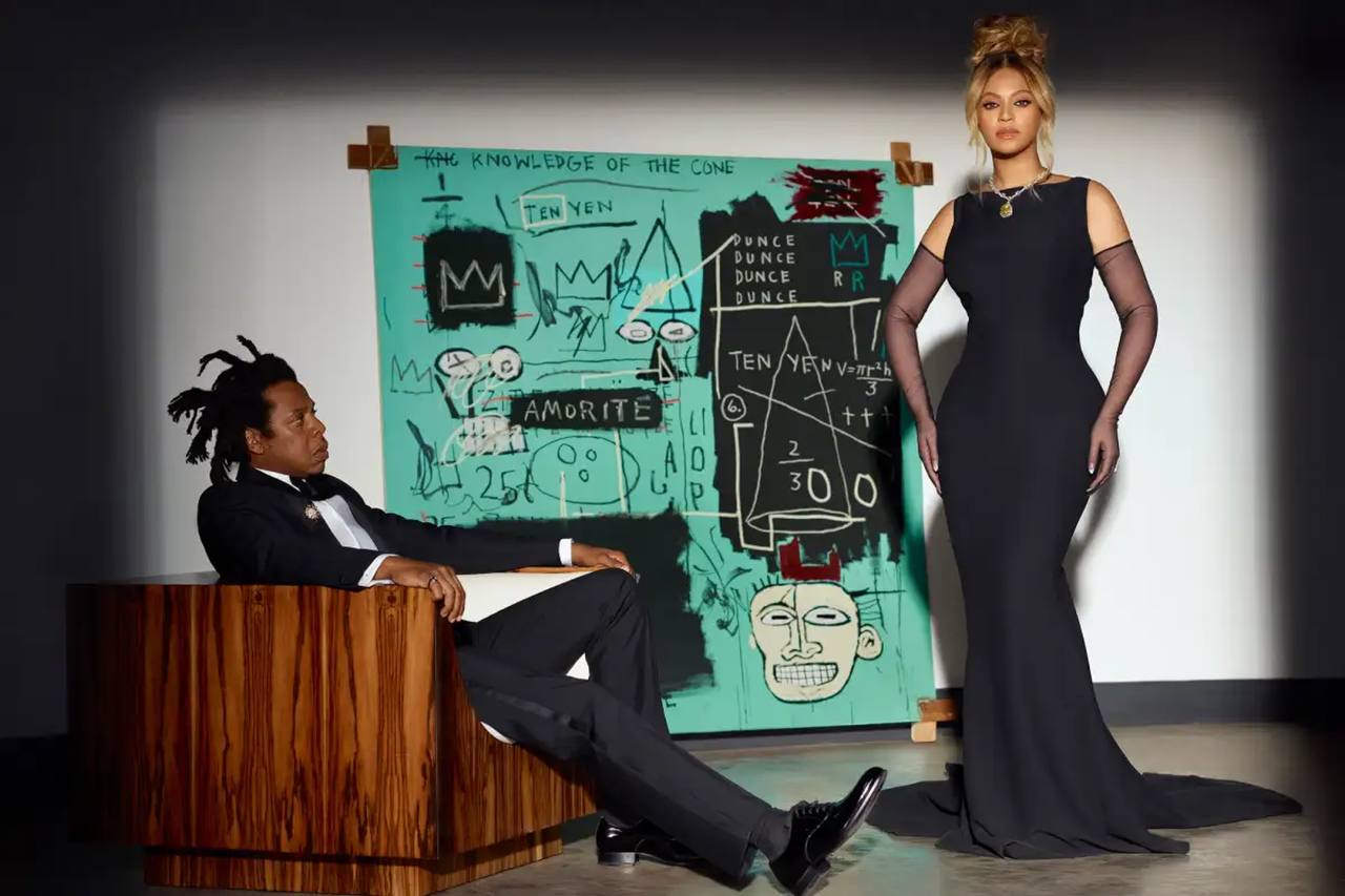 Jay-Z and Beyoncé with Jean-Michel Basquiat painting Equals Pi 1982 — Tiffany and Co campaign 2021