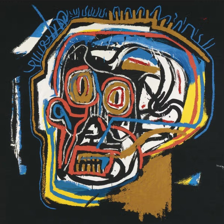 Jean-Michel Basquiat — Skull, painted in vivid blue, red and gold. | Guy Hepner