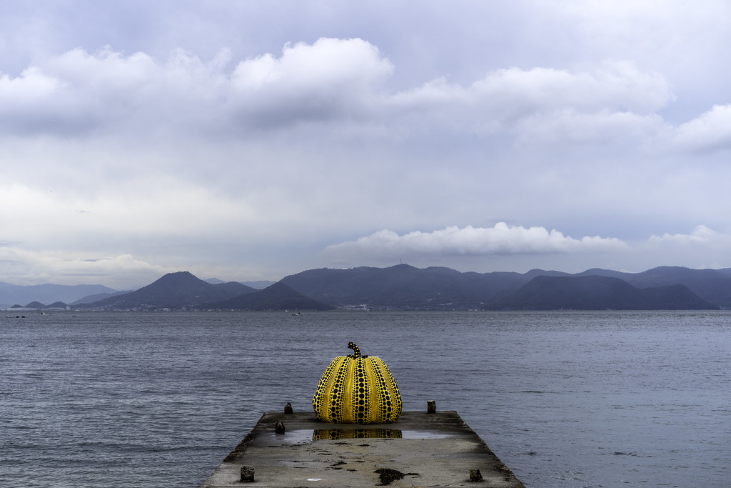 Yayoi Kusama's Yellow Pumpkin sculpture at Naoshima Island, Japan.