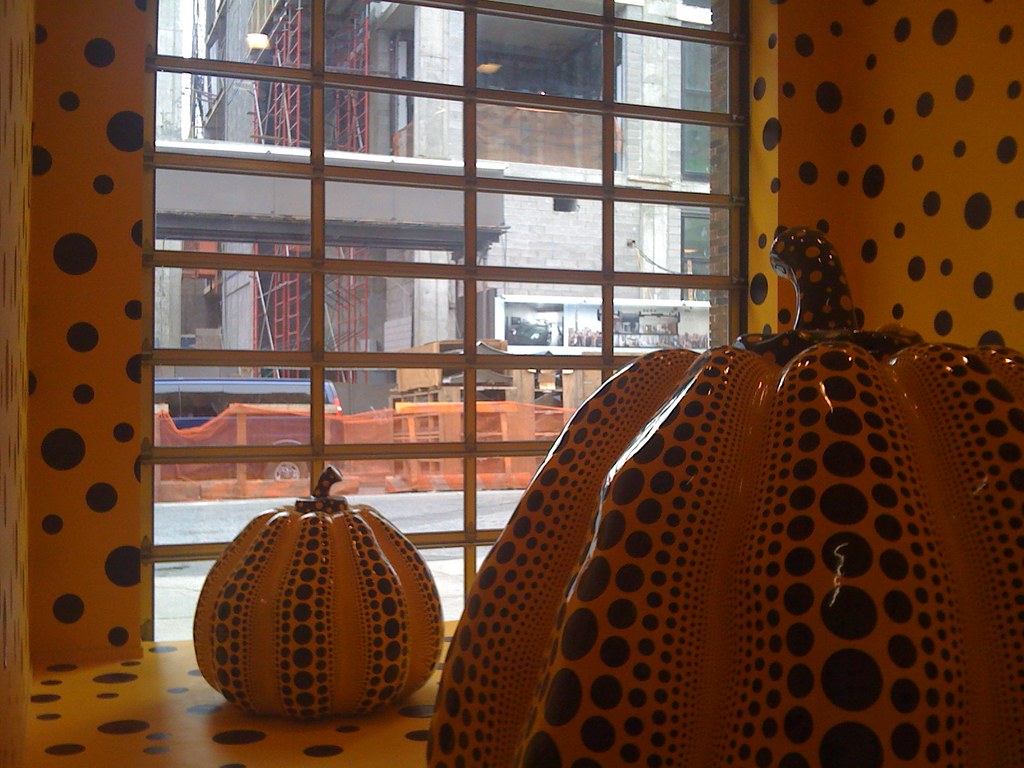 Yayoi Kusama pumpkins on display at Gagosian Gallery, West 24th Street, New York.