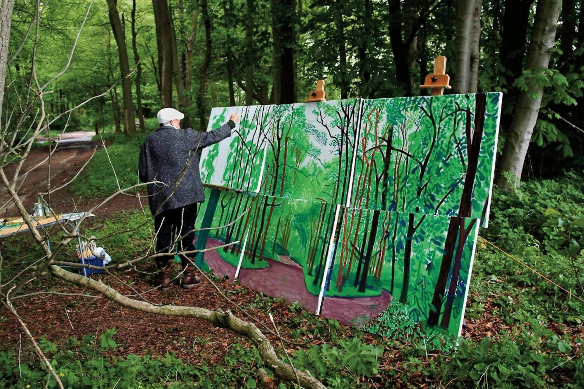 David Hockney working on his painting Woldgate Woods in east Yorkshire. Photograph: Jean-Pierre Goncalves/PA